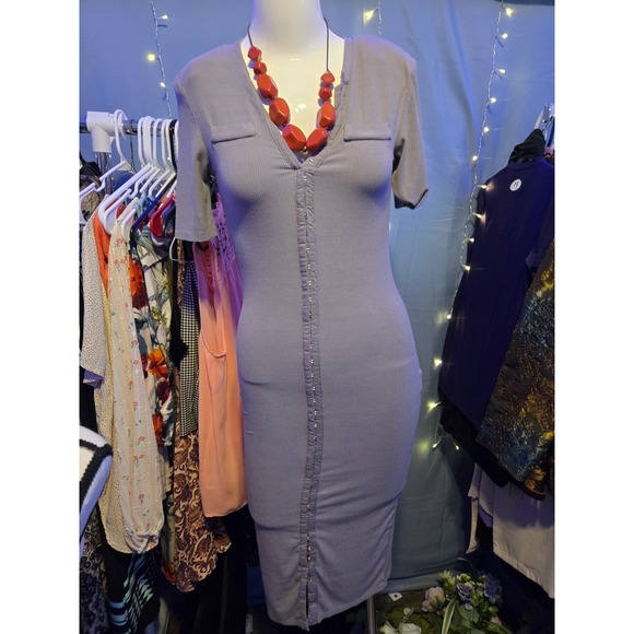 Avec Les Filles Dresses & Skirts - AVEC LES FILLES Ribbed Hook Front Bodycon Midi Dress Blue/Grey Sz S